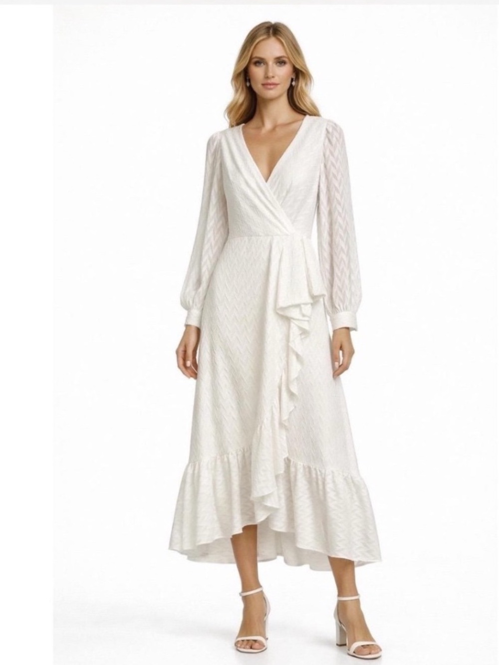 Sachin & Babi $495 White Chevron Print Long Sleeve Maxi Wrap Dress Ruffle Flowy